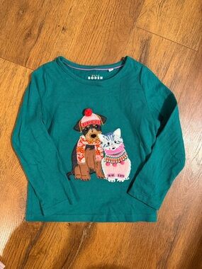 Mini Boden Teal Long-Sleeve Top with Embroidered Puppy and Kitten size 3/4